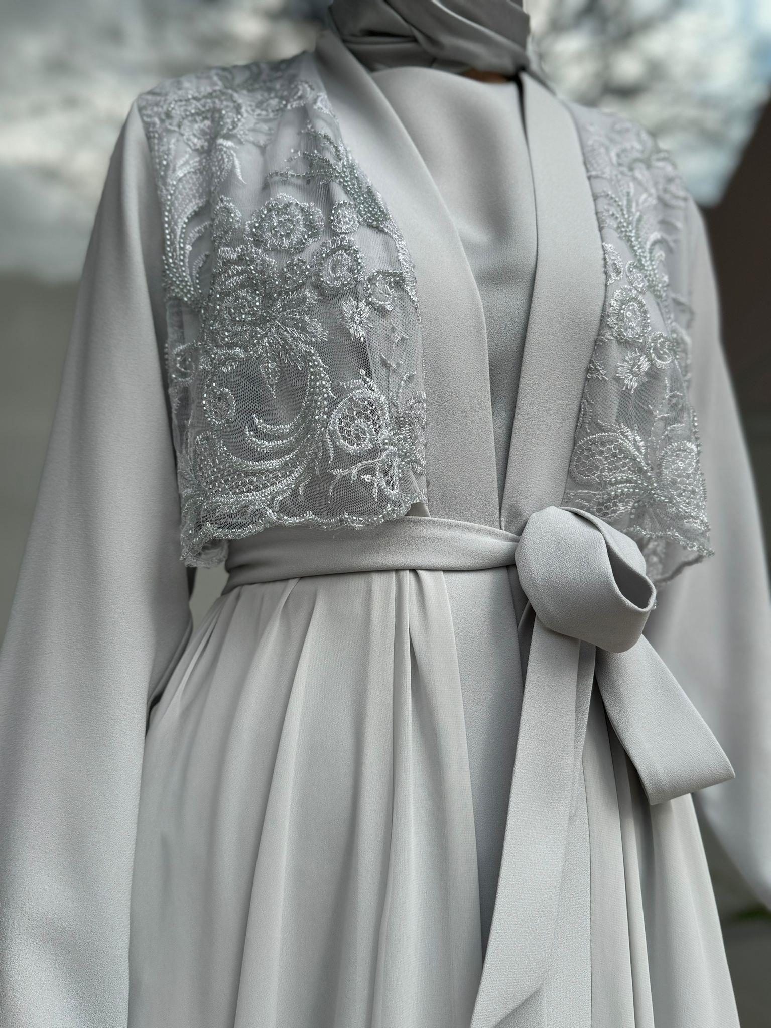 Tül Organze İşlemeli İkili Abaya Gri