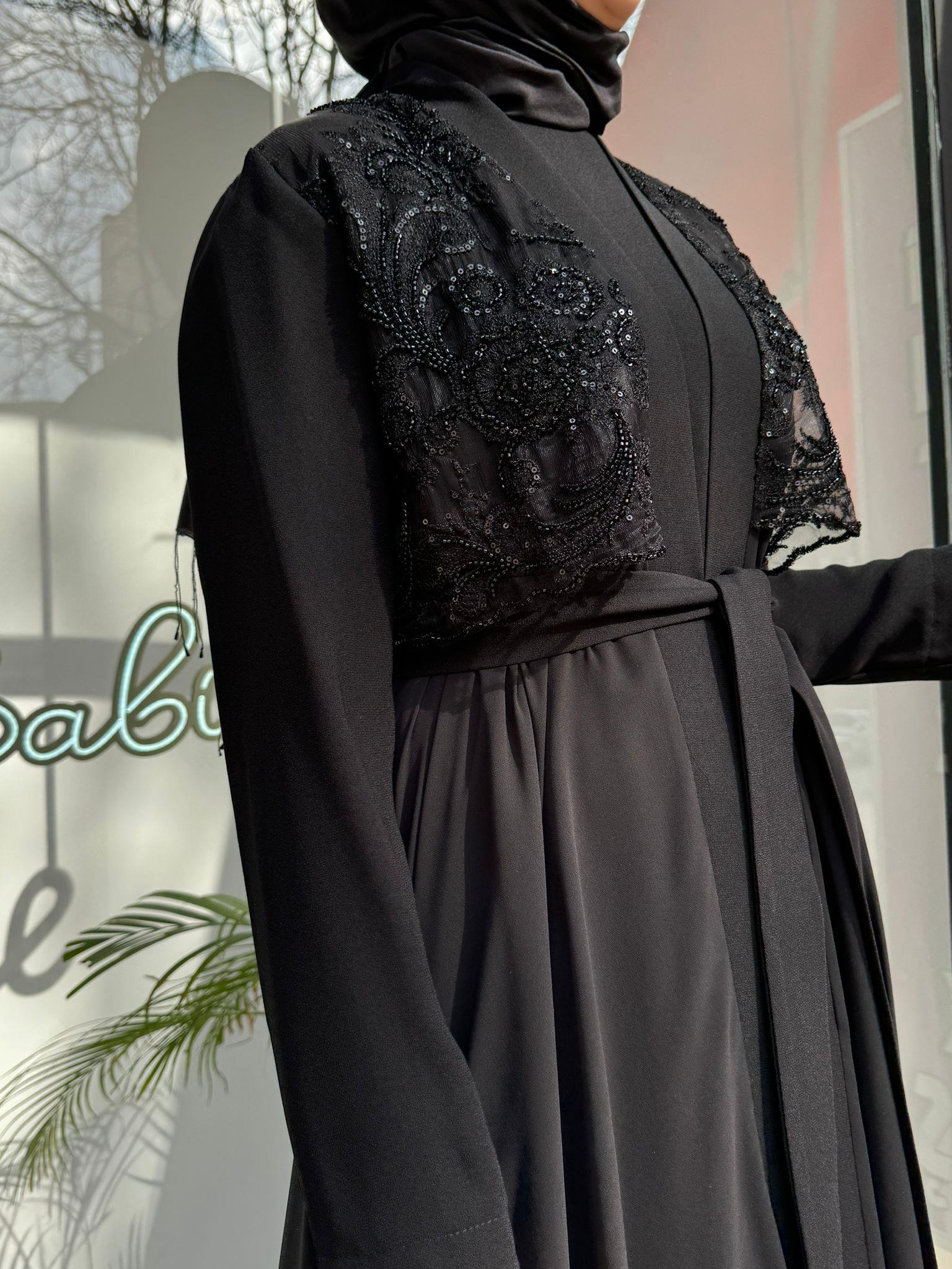 Tül Organze İşlemeli İkili Abaya Siyah