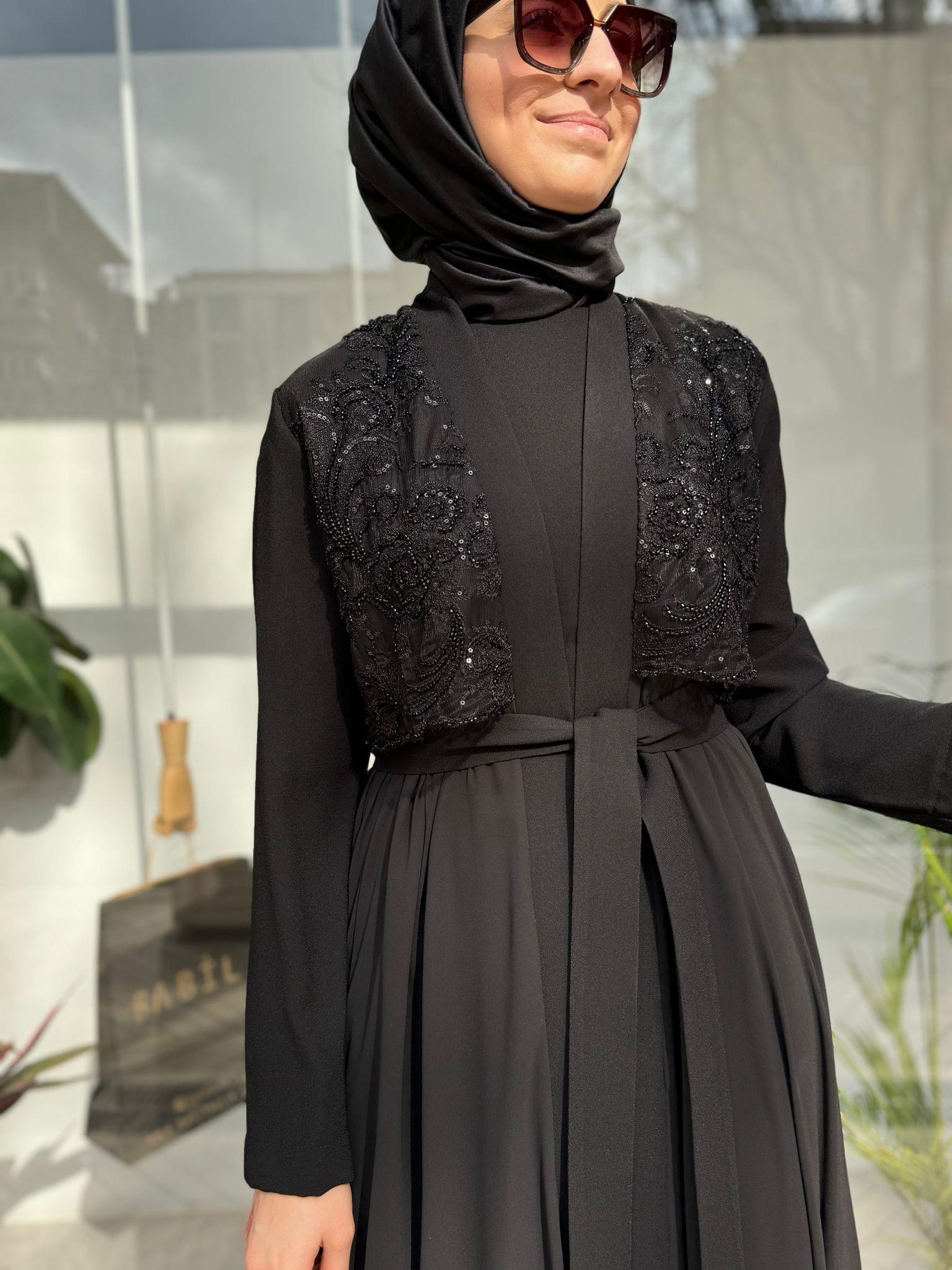 Tül Organze İşlemeli İkili Abaya Siyah