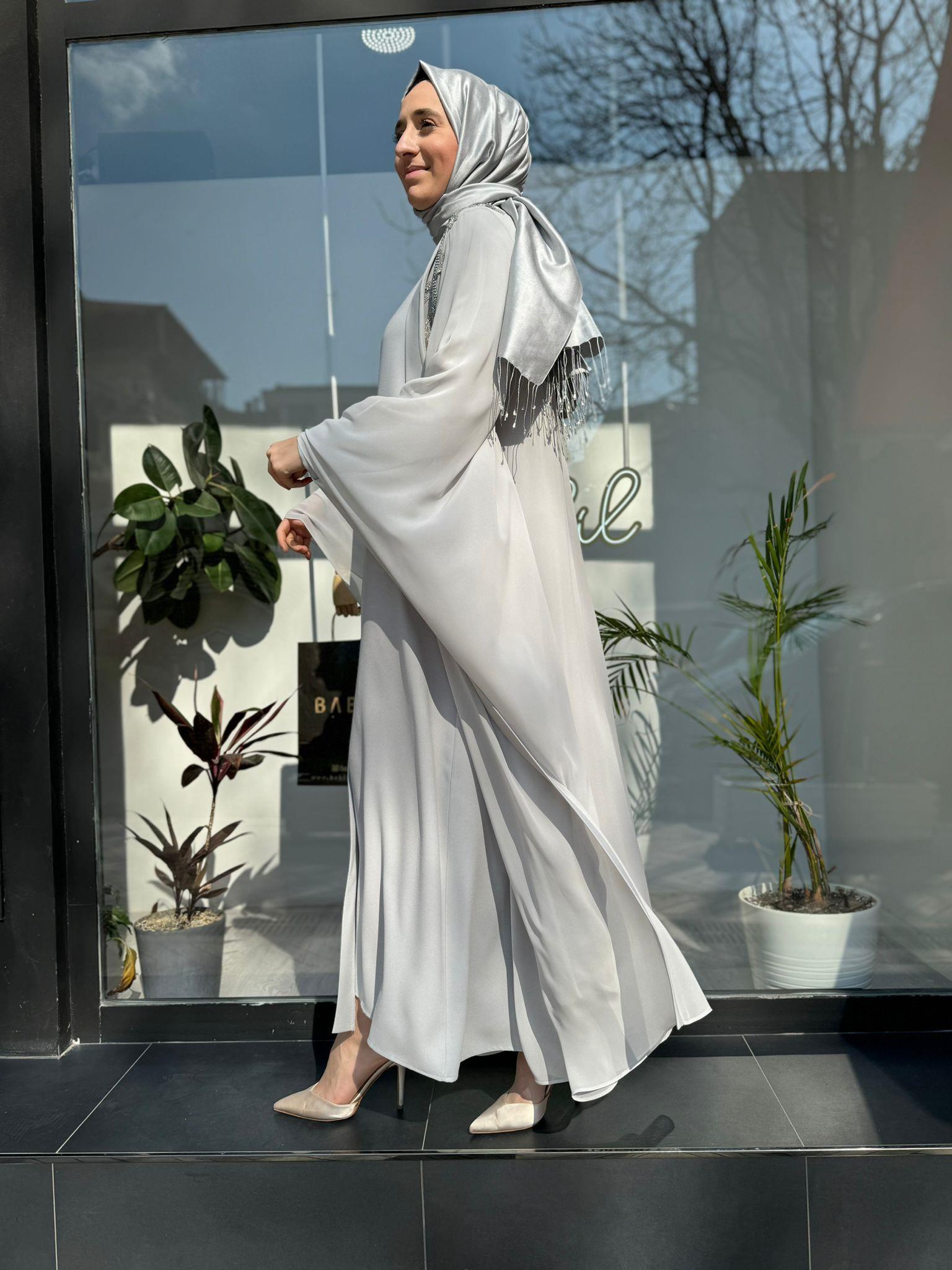 Tül Yarasa Kol Detaylı İşleme İkili Abaya Gri