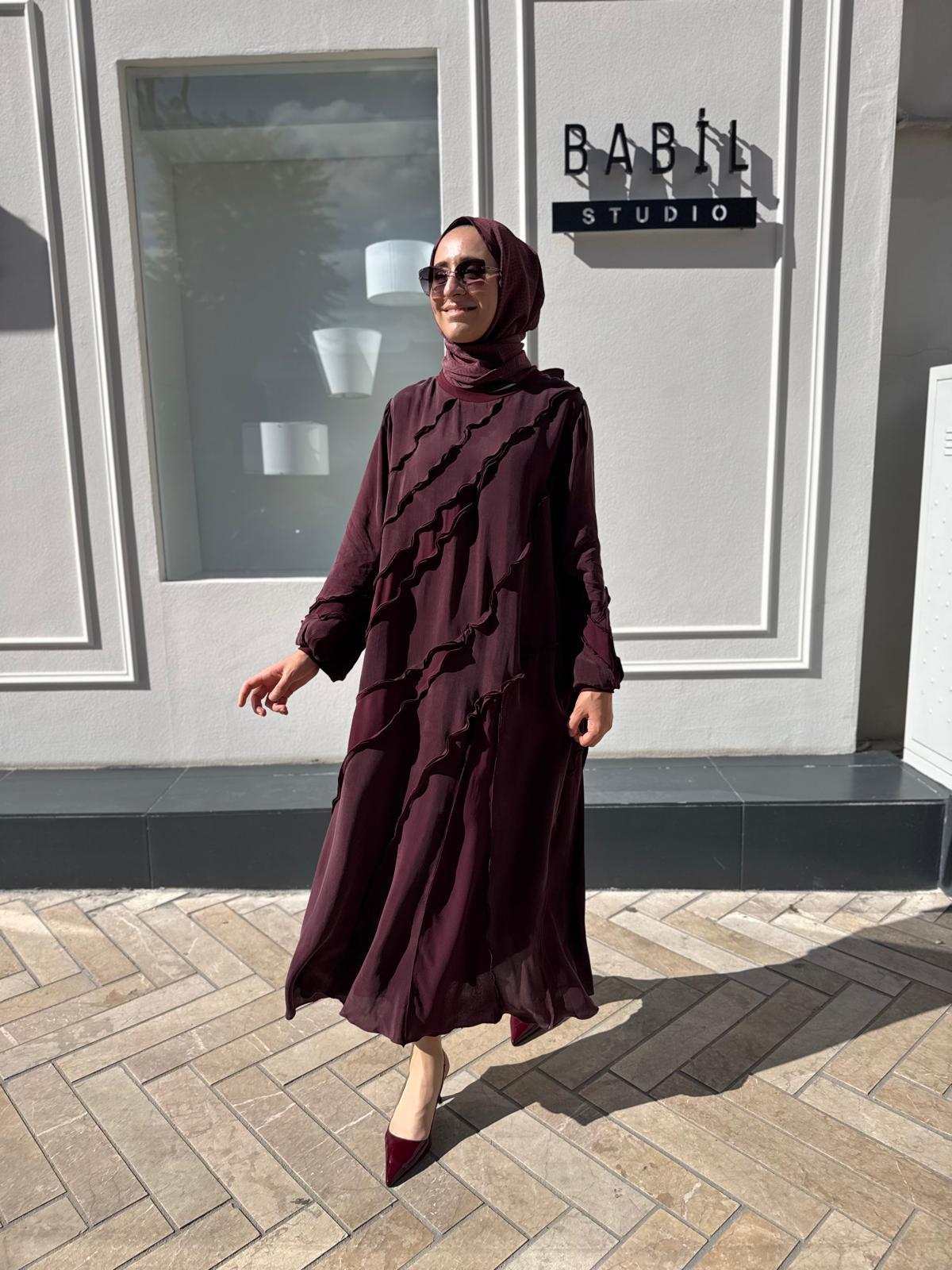 V3175 Dikiş Detaylı Fularlı Kadın Elbise Bordo