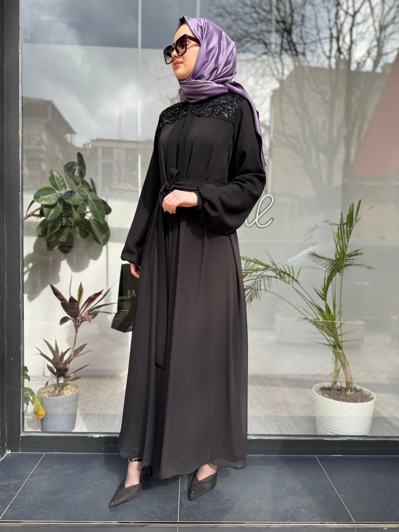 Yaka İşlemeli Şifon İkili Abaya Kadın Elbise Siyah