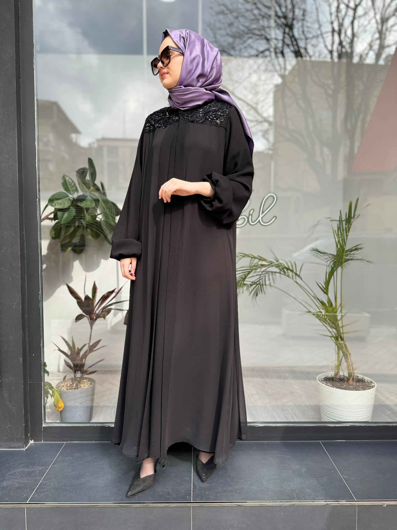 Yaka İşlemeli Şifon İkili Abaya Kadın Elbise Siyah