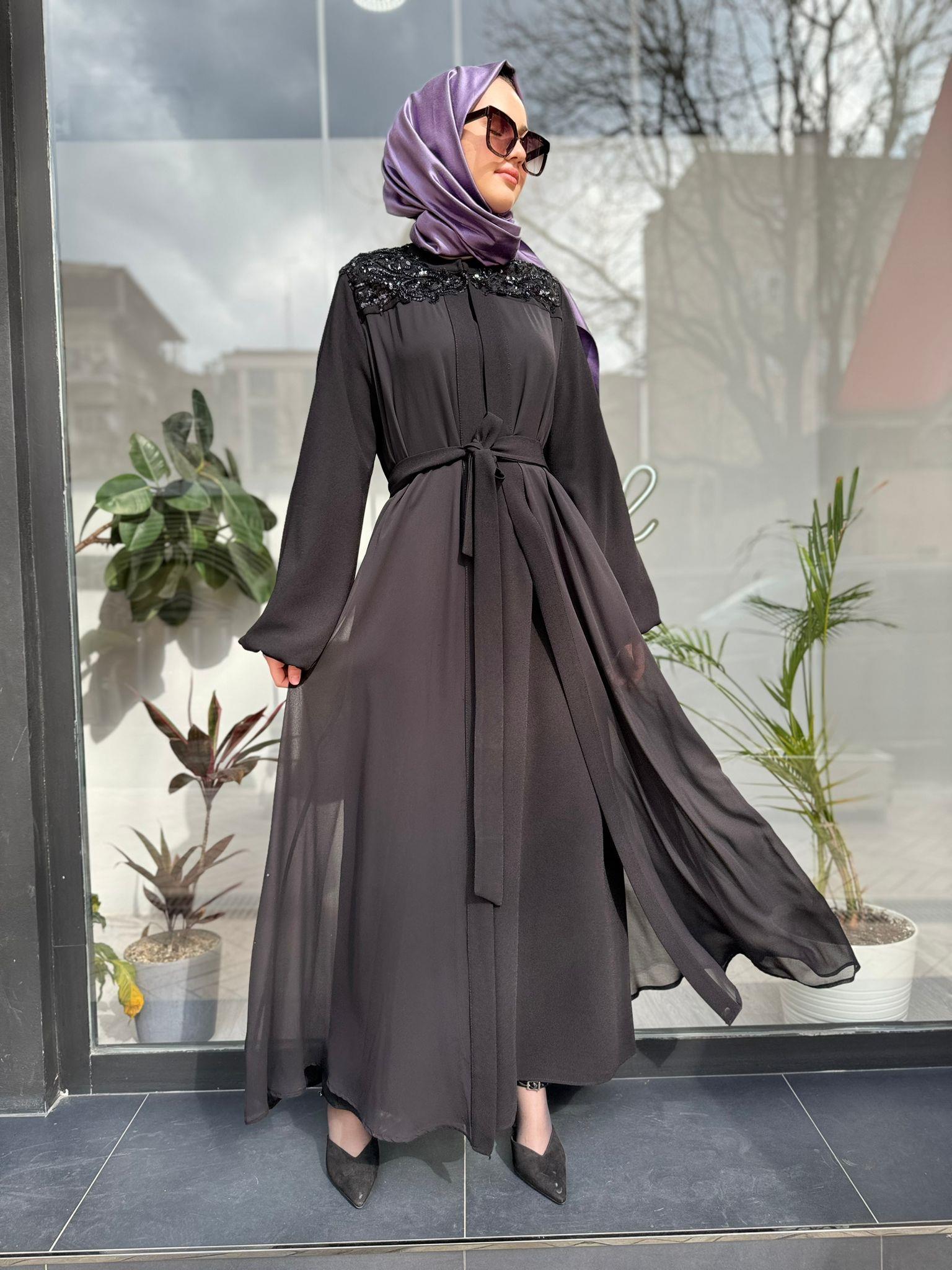 Yaka İşlemeli Şifon İkili Abaya Kadın Elbise Siyah