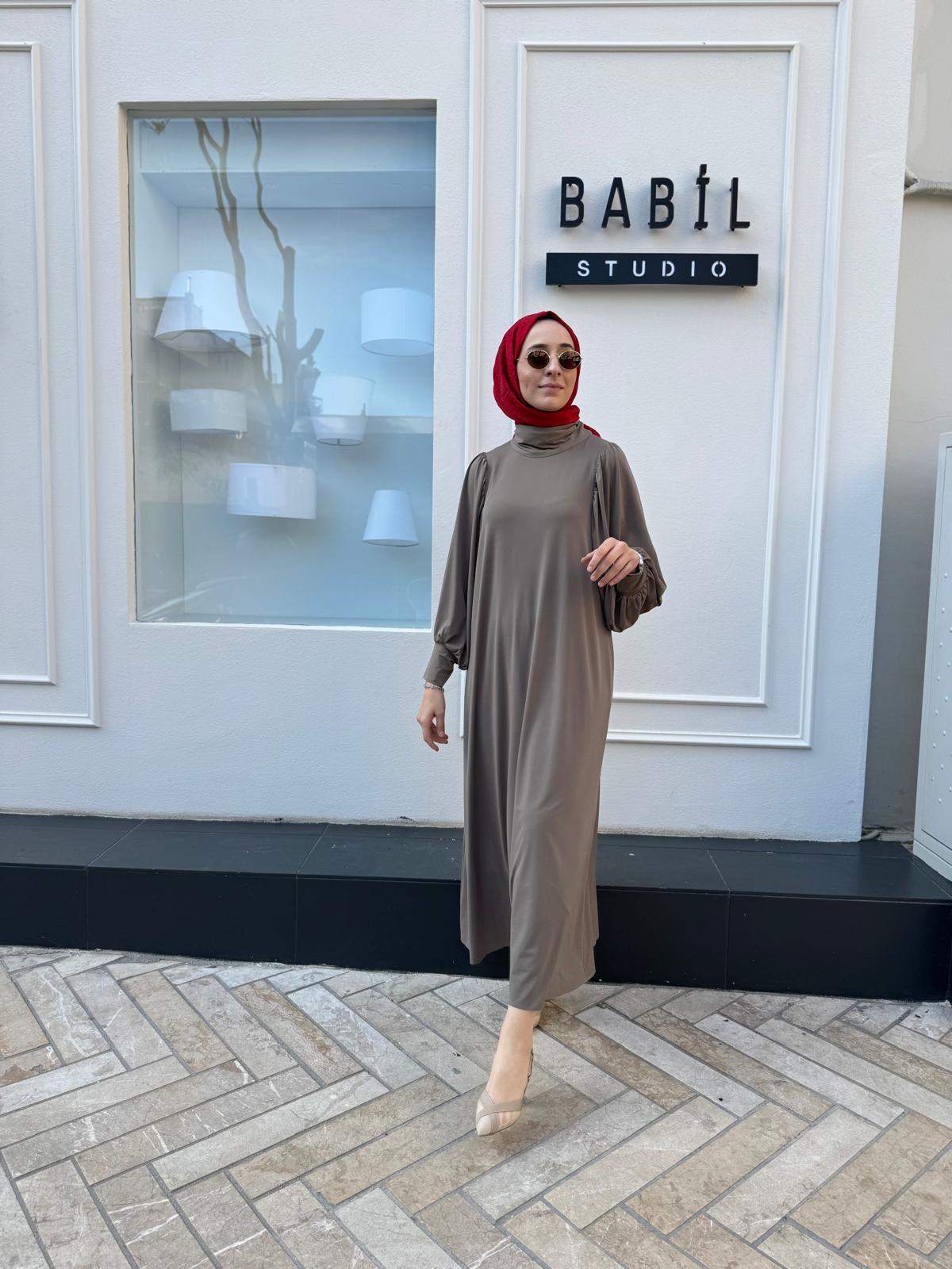 Yakadan Fularlı A Form Kadın Elbise Vizon