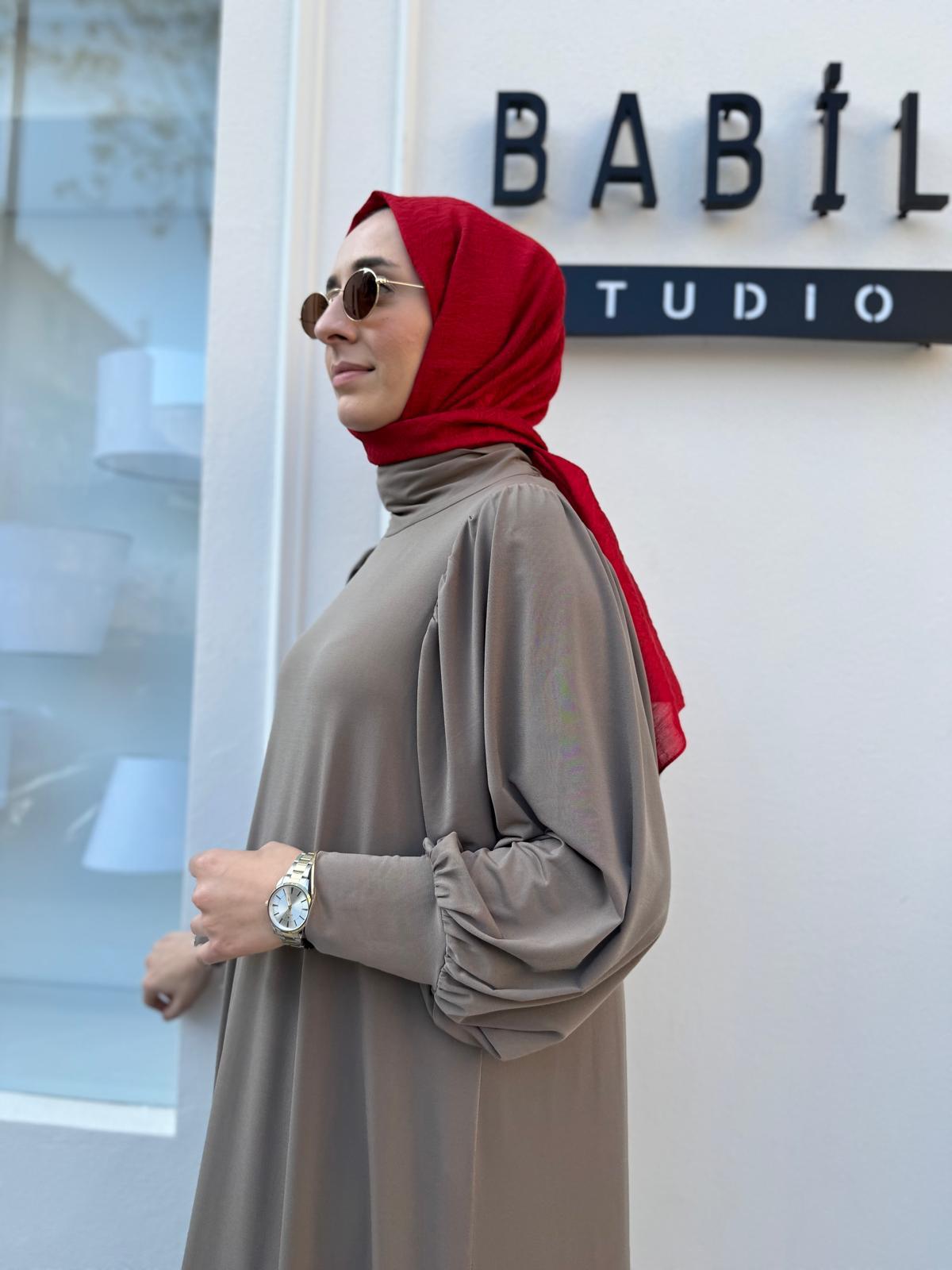 Yakadan Fularlı A Form Kadın Elbise Vizon