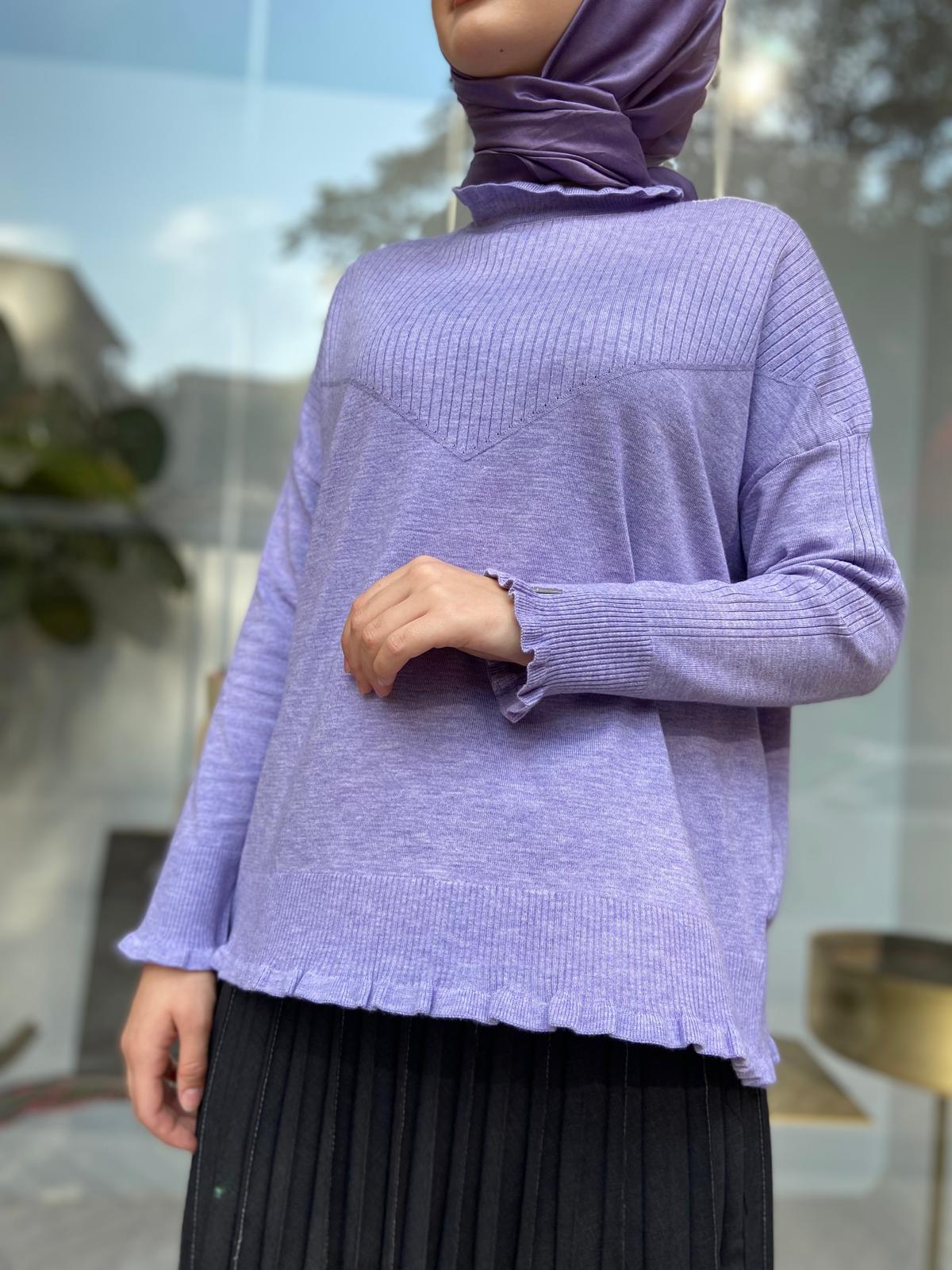 Yakası Fırfır Detaylı Kadın Triko Kazak Lila