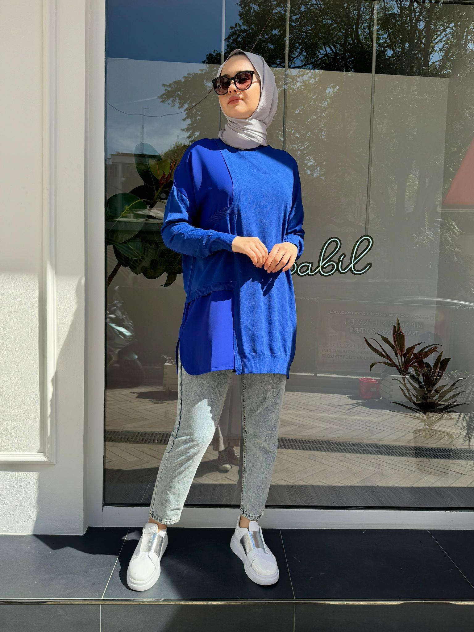 Yanı Şifon Kadın Triko Tunik Saks Mavi