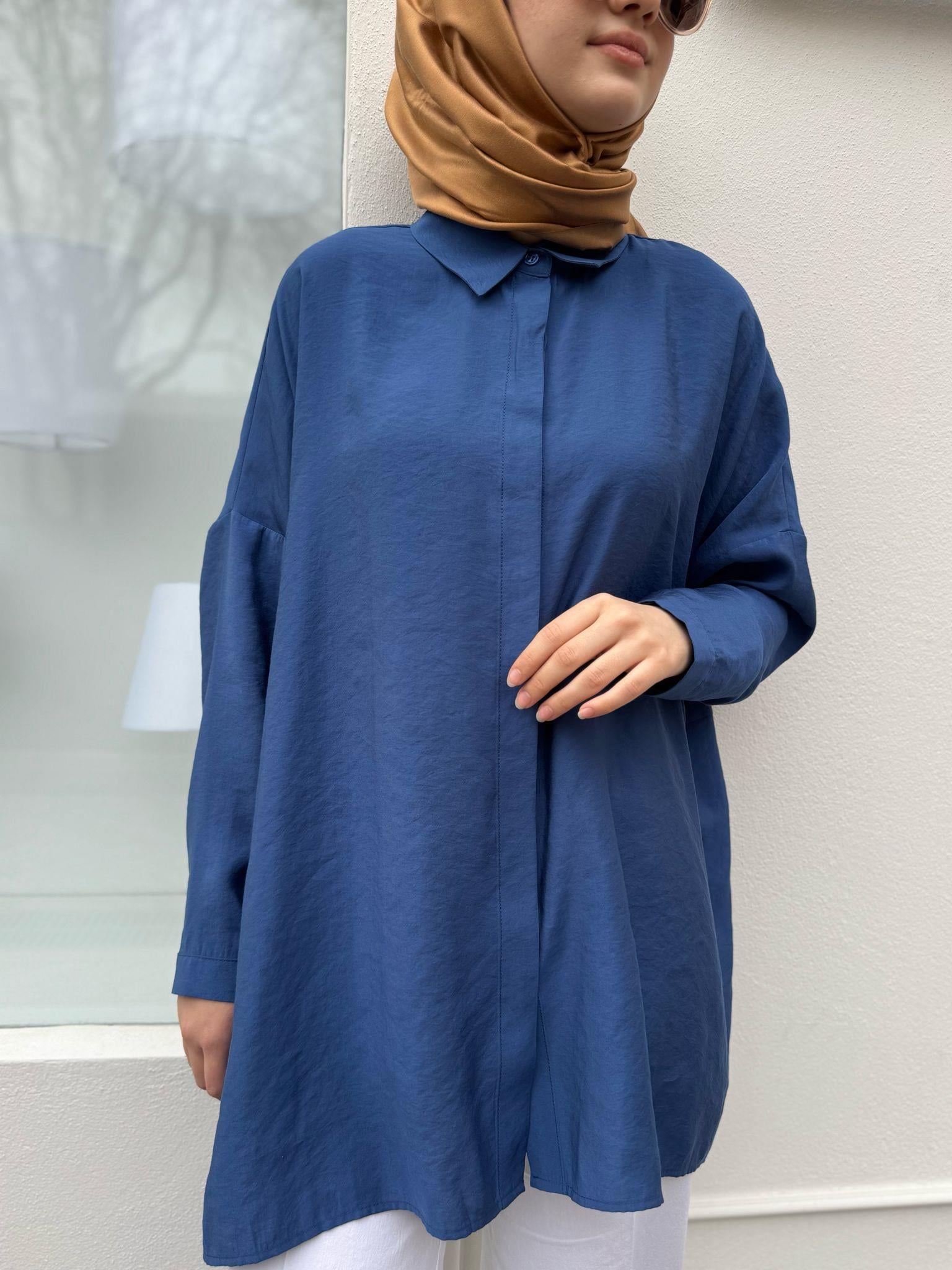 Yarasa Kol Kadın Basic Gömlek Saks Mavi