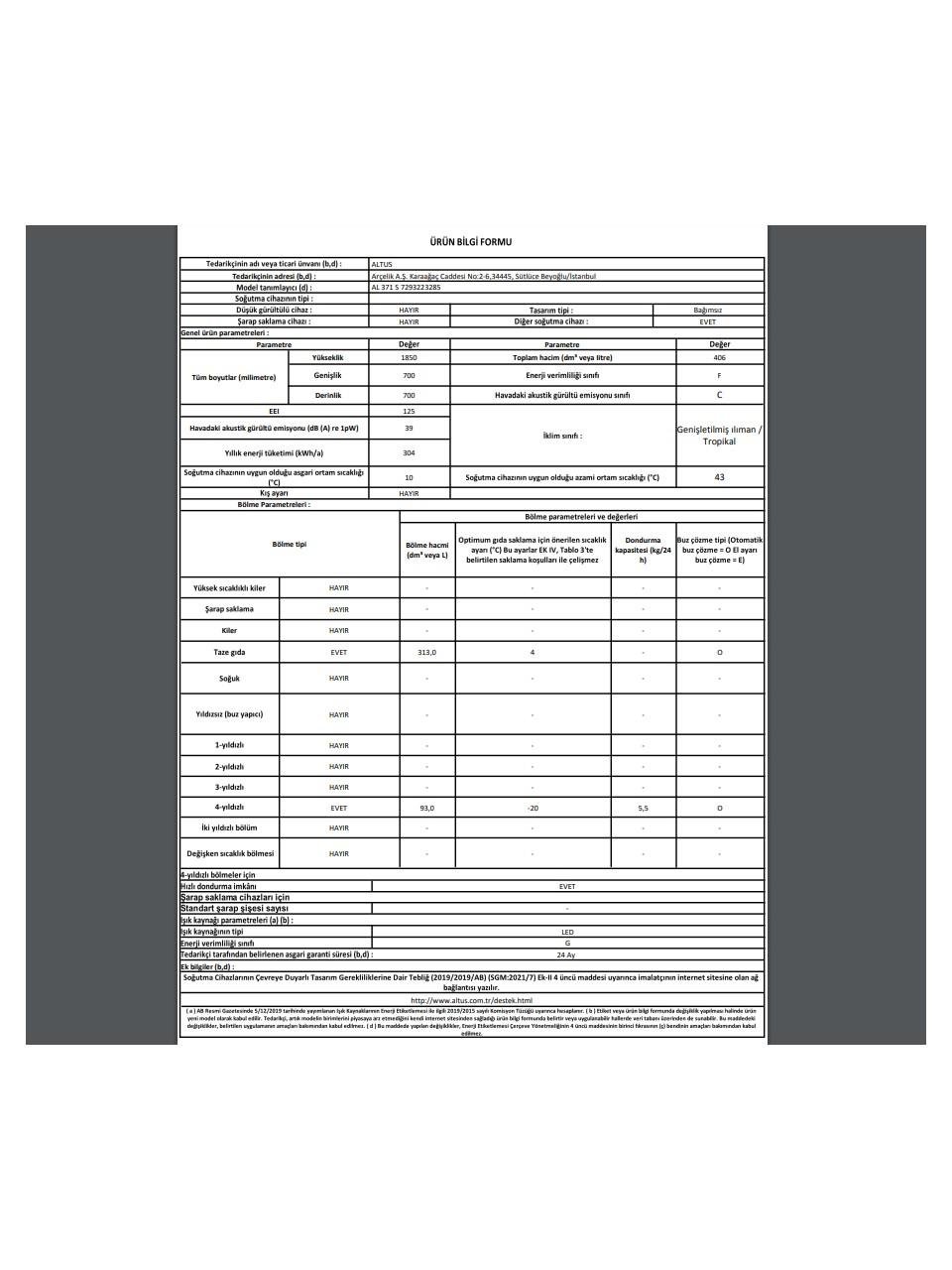 Altus AL 371 SNE Çift Kapılı No Frost Buzdolabı