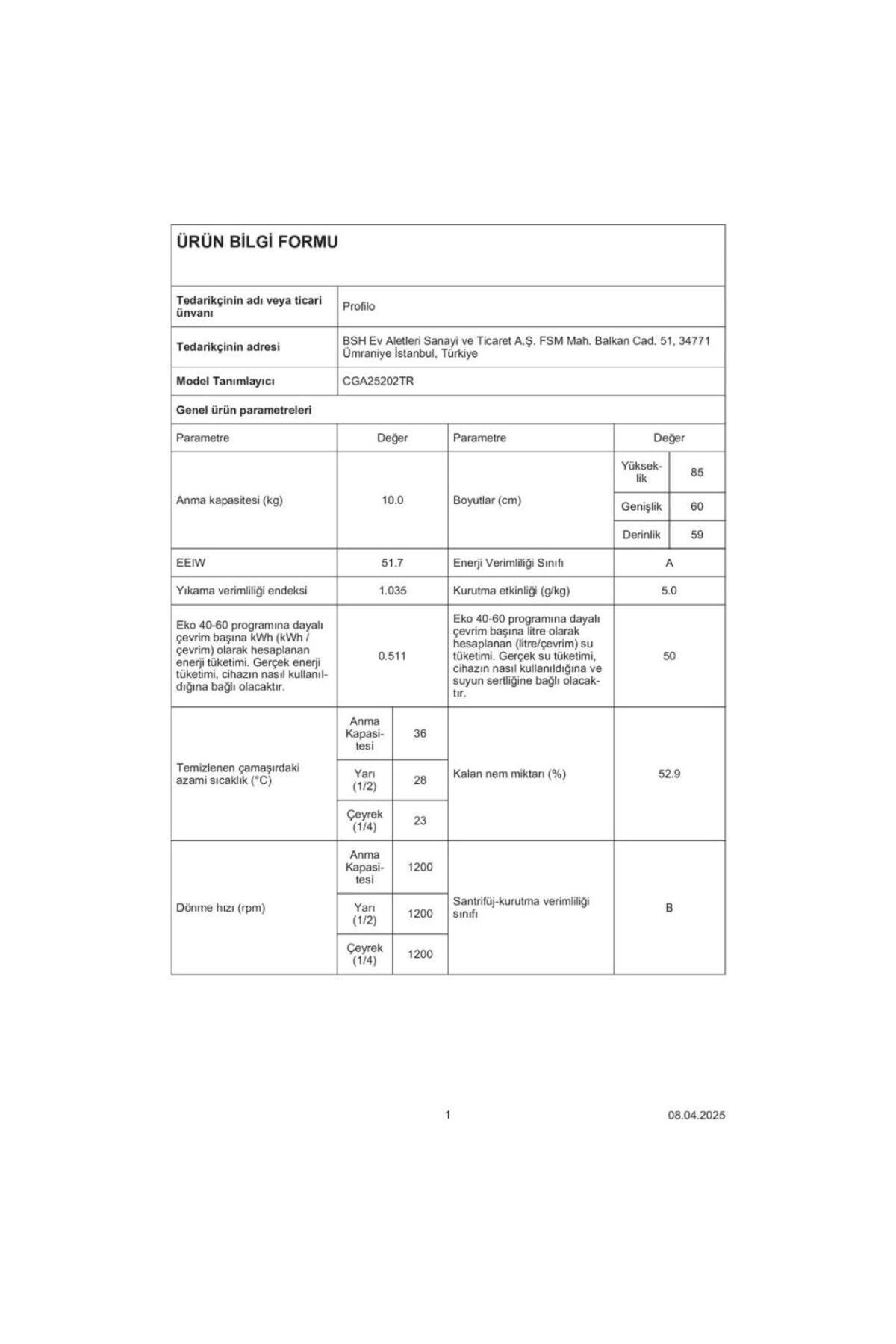 Profilo CGA25202TR 1200 Devir 10 kg Çamaşır Makinesi