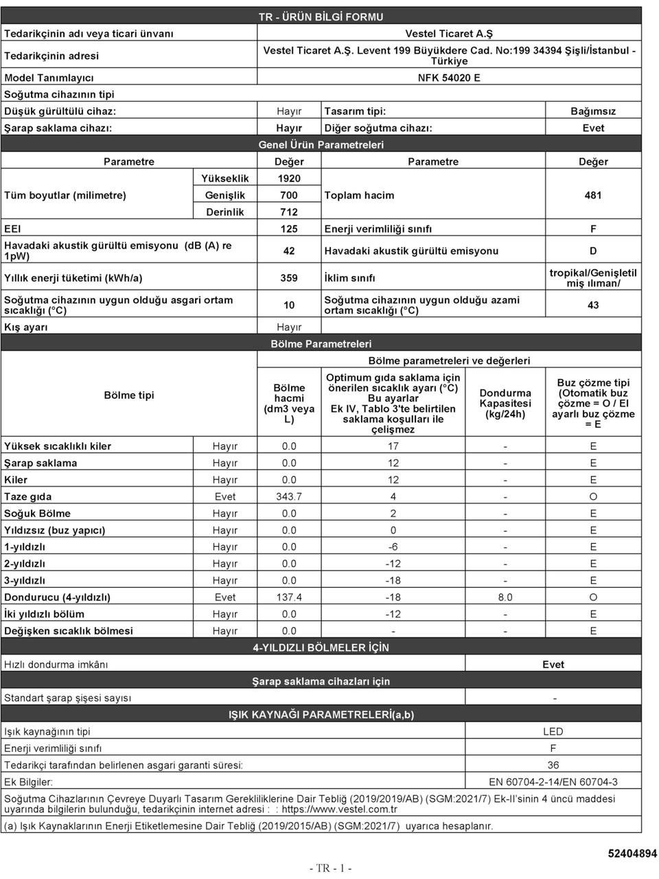 Regal NFK 54020 E Kombi No Frost Buzdolabı
