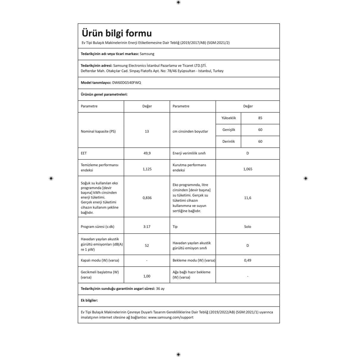 Samsung DW60DG540FWQ 4 Programlı Bulaşık Makinesi