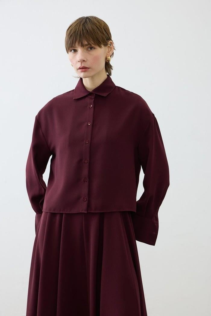 ALİZA KREP KISA GÖMLEK BORDO