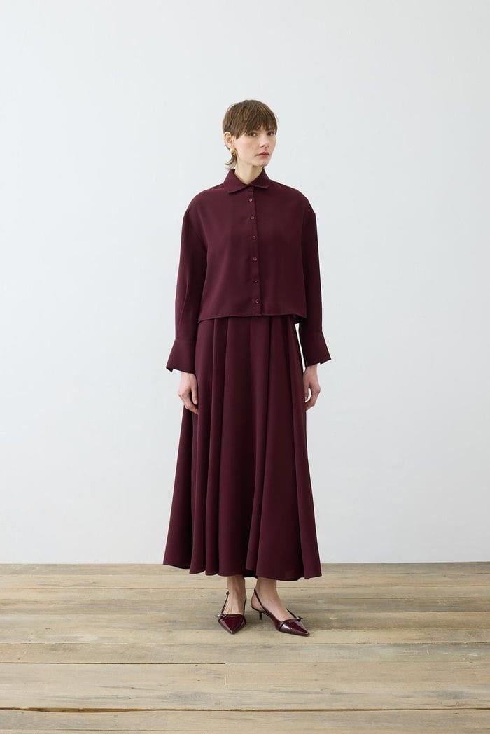 ALİZA KREP KISA GÖMLEK BORDO