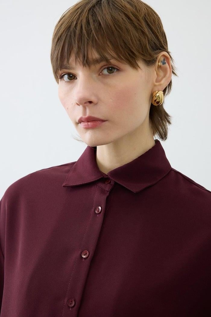 ALİZA KREP KISA GÖMLEK BORDO