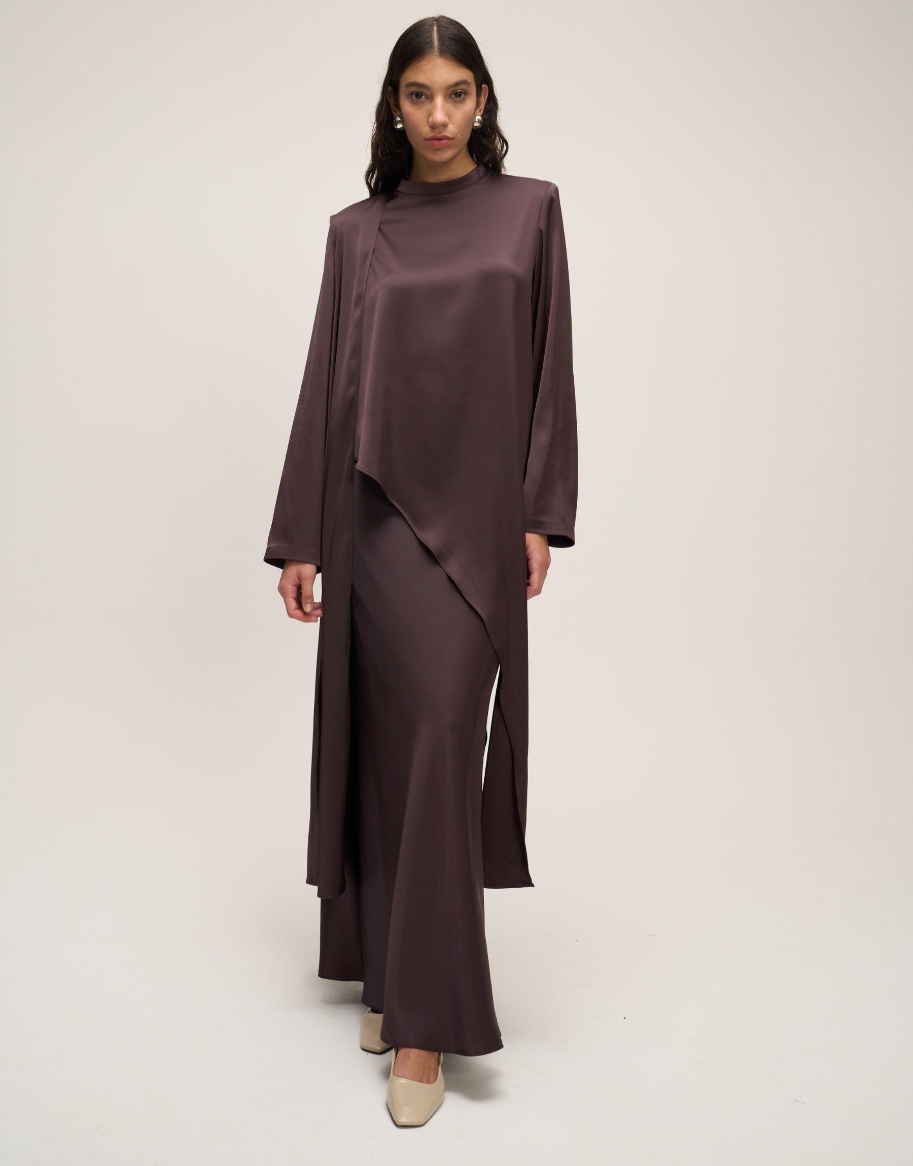 Asimetrik Saten Bluz Kahve