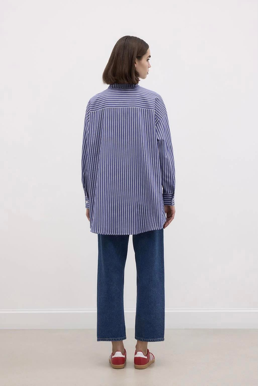 Basic Çizgili Gömlek Koyu Mavi