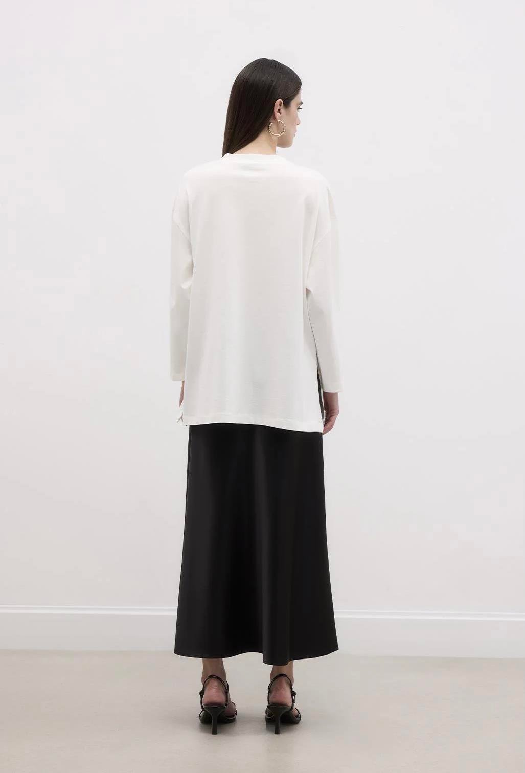 Baskılı Flower Basic Pamuk Örme Bluz Ekru