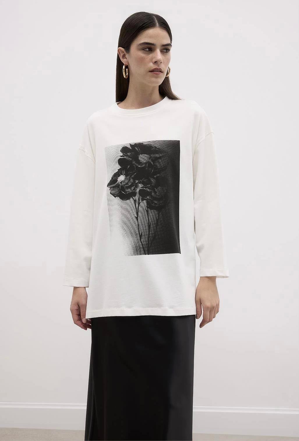 Baskılı Flower Basic Pamuk Örme Bluz Ekru