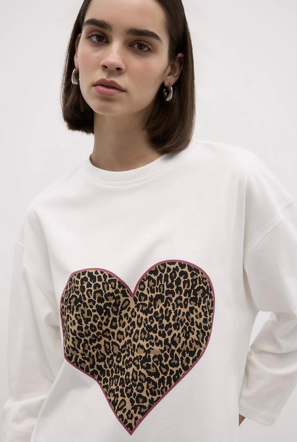 Baskılı Leopar Basic Pamuk Örme Bluz Ekru
