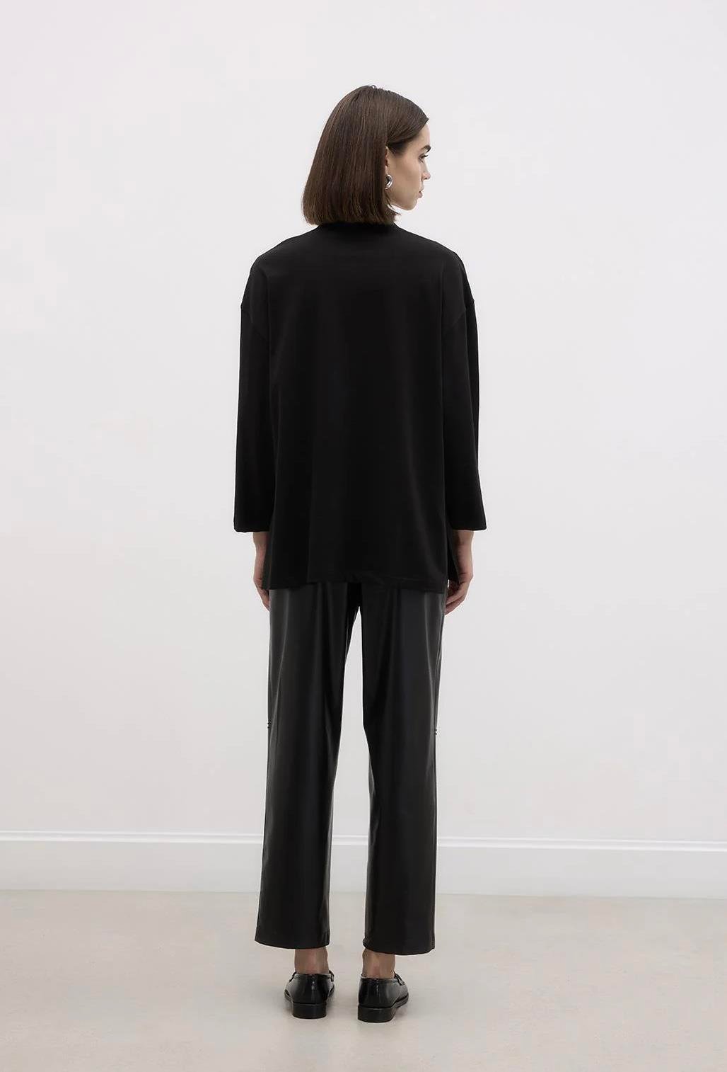 Baskılı Leopar Basic Pamuk Örme Bluz Siyah