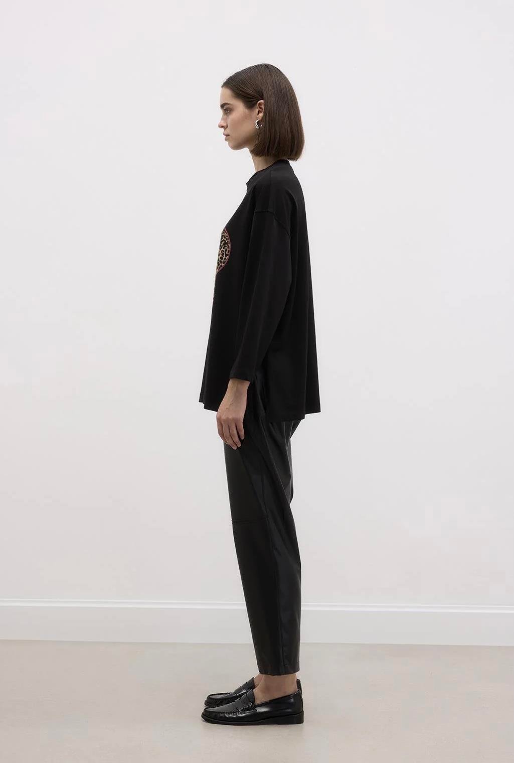 Baskılı Leopar Basic Pamuk Örme Bluz Siyah