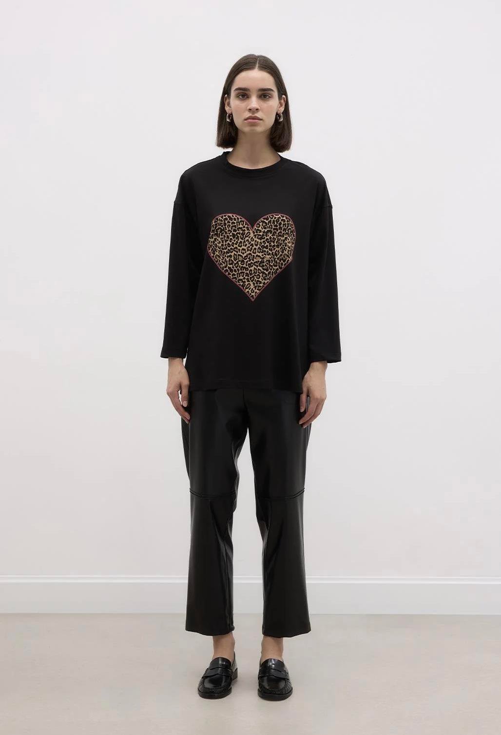 Baskılı Leopar Basic Pamuk Örme Bluz Siyah