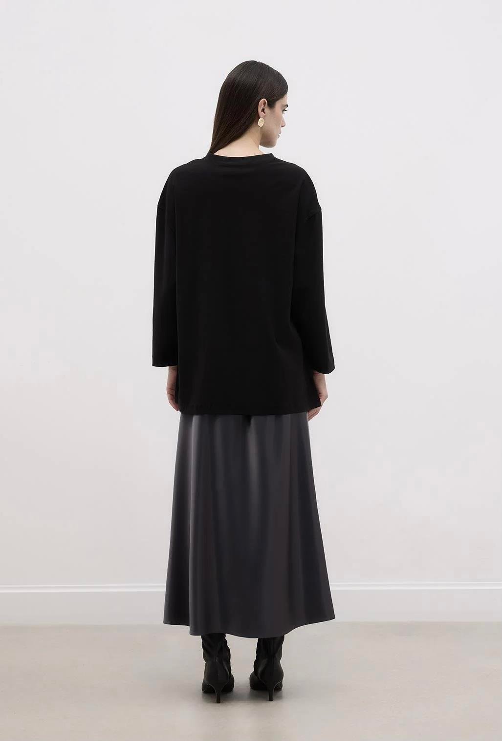 Baskılı Wind Basic Pamuk Örme Bluz Siyah