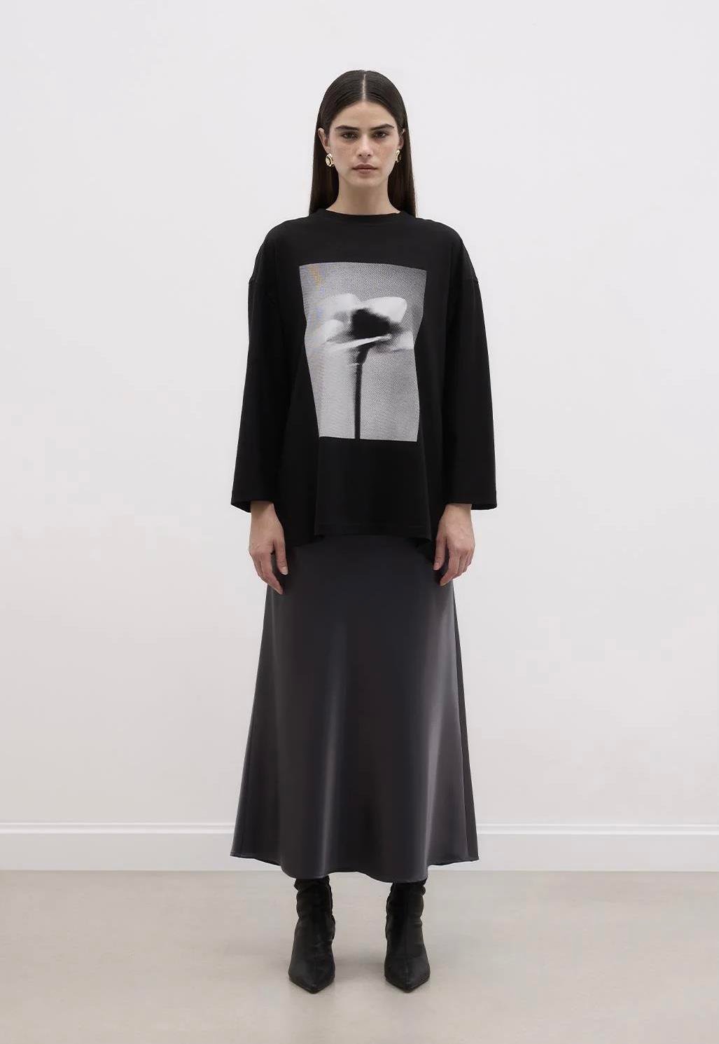 Baskılı Wind Basic Pamuk Örme Bluz Siyah