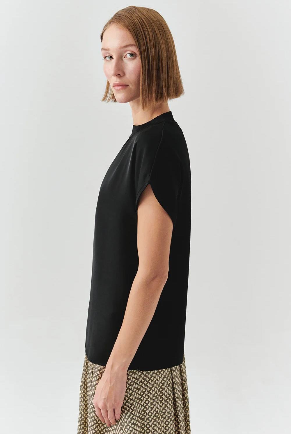 Bisiklet Yaka Düşük Kol Triko Garnili Regular Siyah Bluz