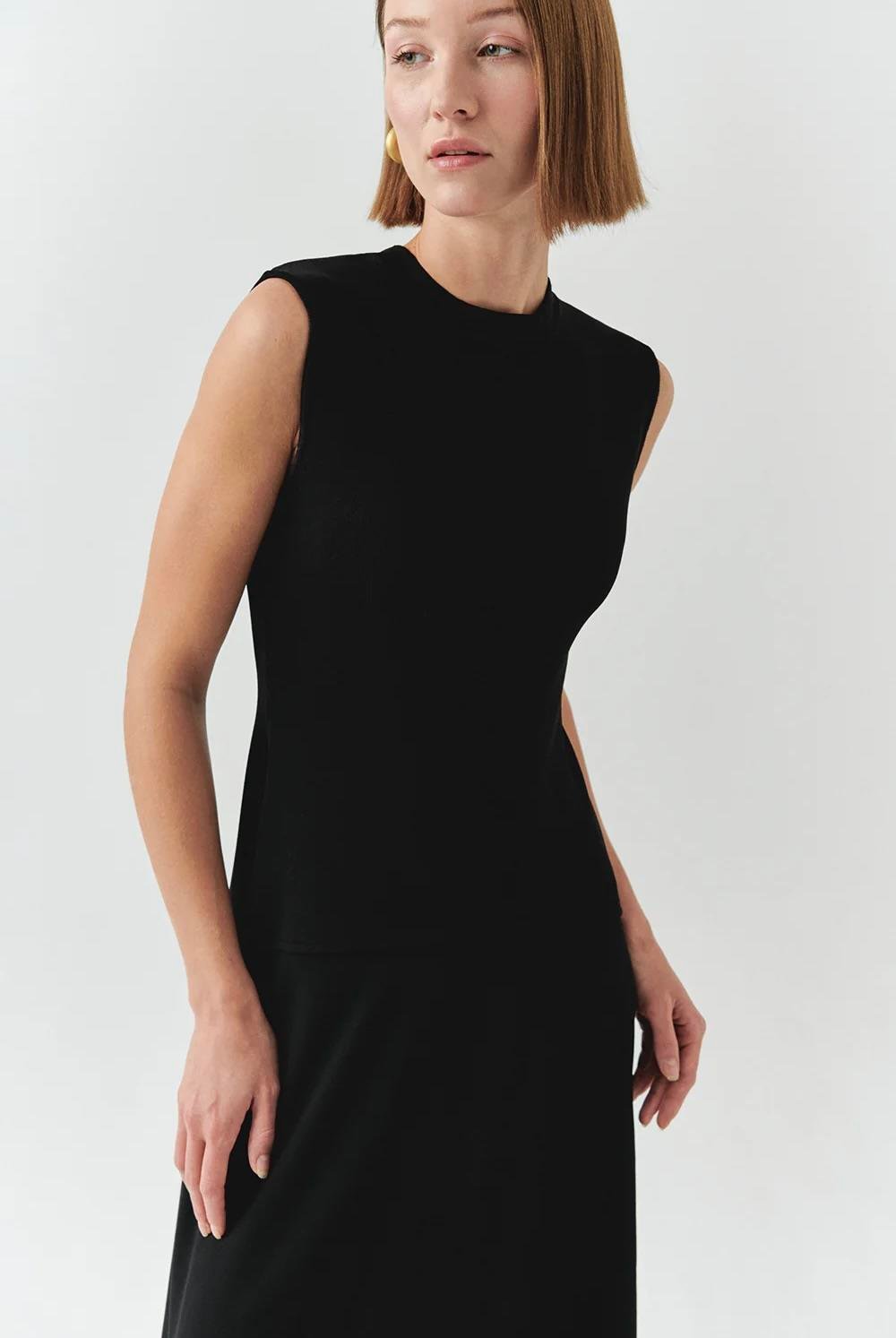 Bisiklet Yaka Triko Garnili Asimetrik Kesim Slim Fit Midi Siyah Elbise