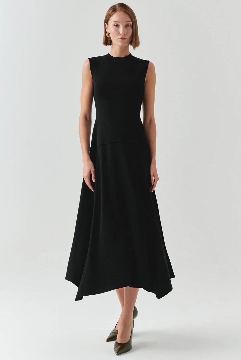 Bisiklet Yaka Triko Garnili Asimetrik Kesim Slim Fit Midi Siyah Elbise