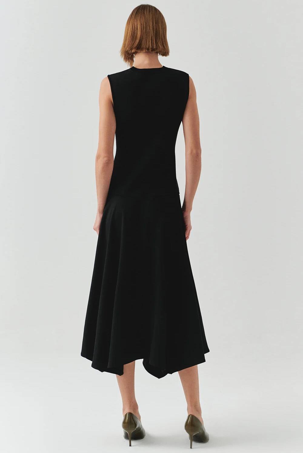 Bisiklet Yaka Triko Garnili Asimetrik Kesim Slim Fit Midi Siyah Elbise