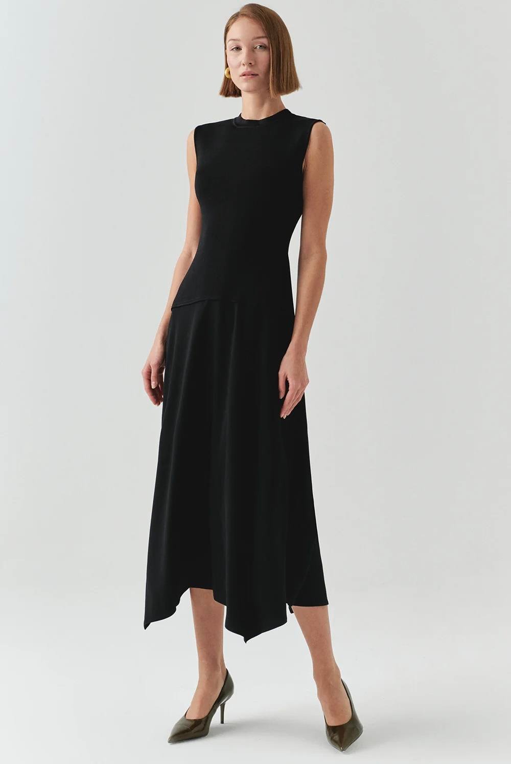 Bisiklet Yaka Triko Garnili Asimetrik Kesim Slim Fit Midi Siyah Elbise