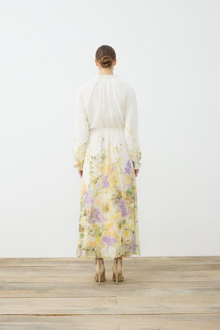 ÇİÇEK DESENLİ ŞİFON BRİTLİ ELBİSE BEYAZ