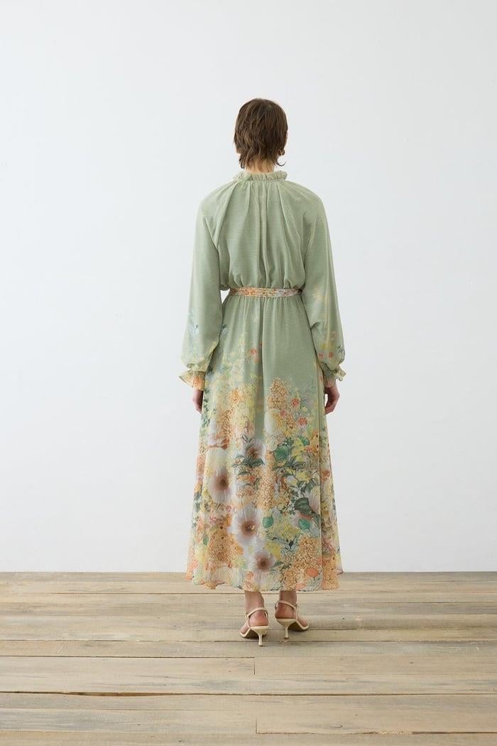 ÇİÇEK DESENLİ ŞİFON BRİTLİ ELBİSE YEŞİL