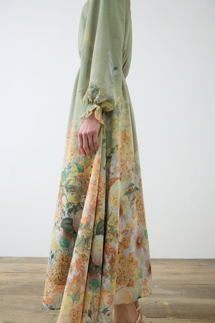 ÇİÇEK DESENLİ ŞİFON BRİTLİ ELBİSE YEŞİL