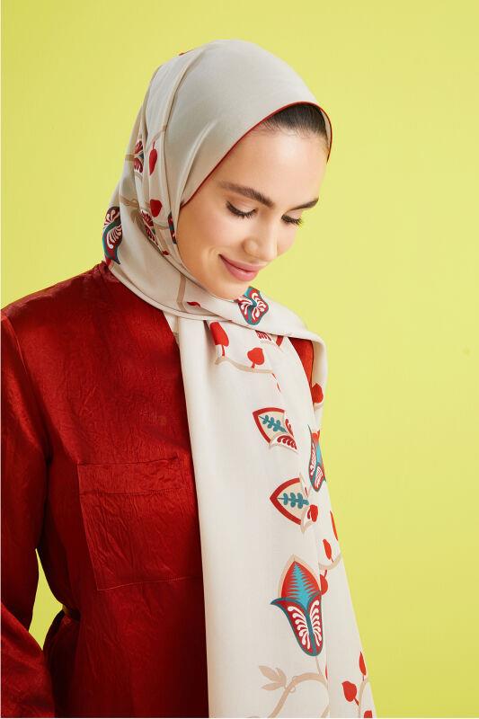 Çöl Çiçeği Bej Krep İpek Şal 80x210