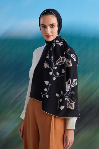 Çöl Çiçeği Siyah Krep İpek Şal 80x210