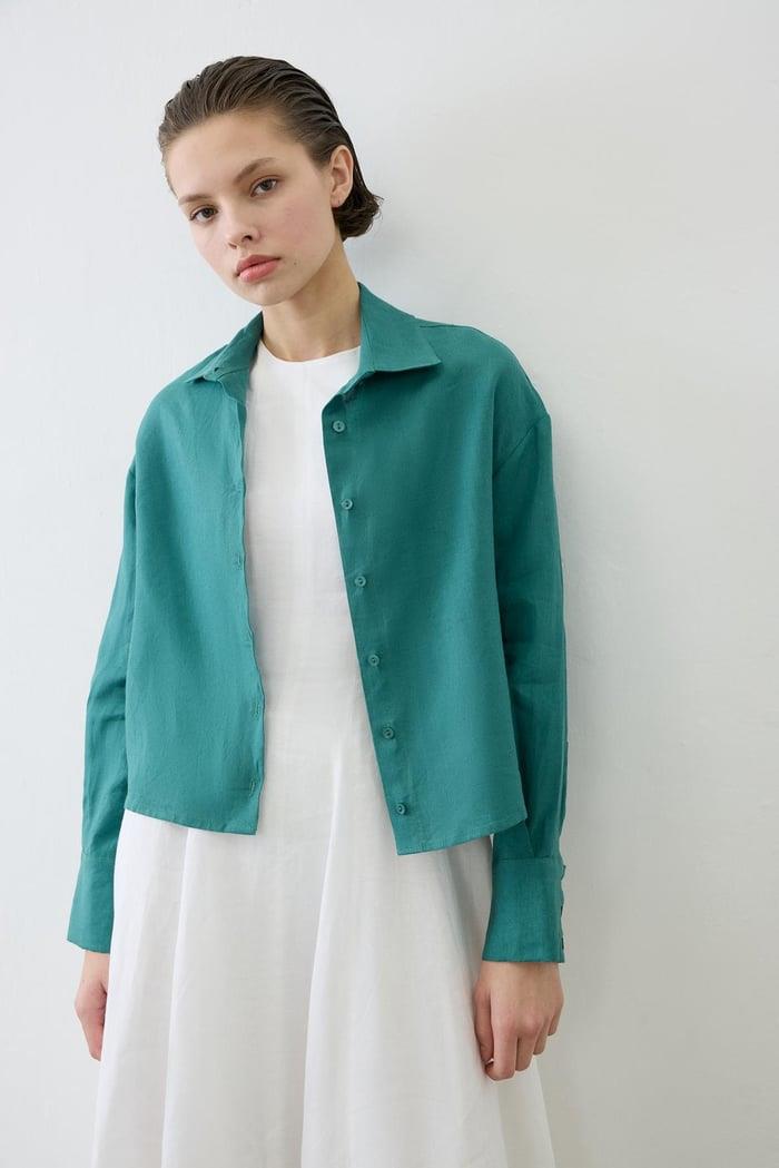 COLOR %100 KETEN KISA GÖMLEK KOYU YEŞİL