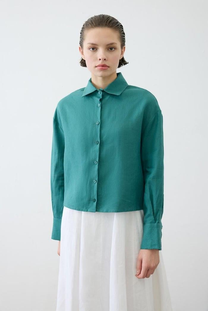 COLOR %100 KETEN KISA GÖMLEK KOYU YEŞİL