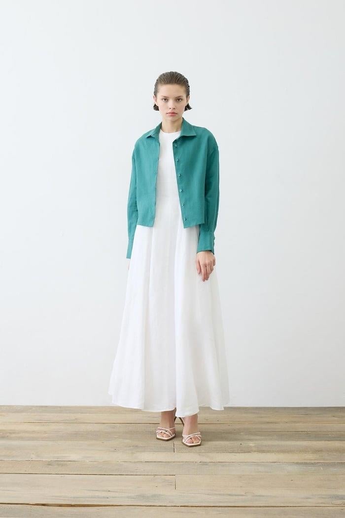 COLOR %100 KETEN KISA GÖMLEK KOYU YEŞİL