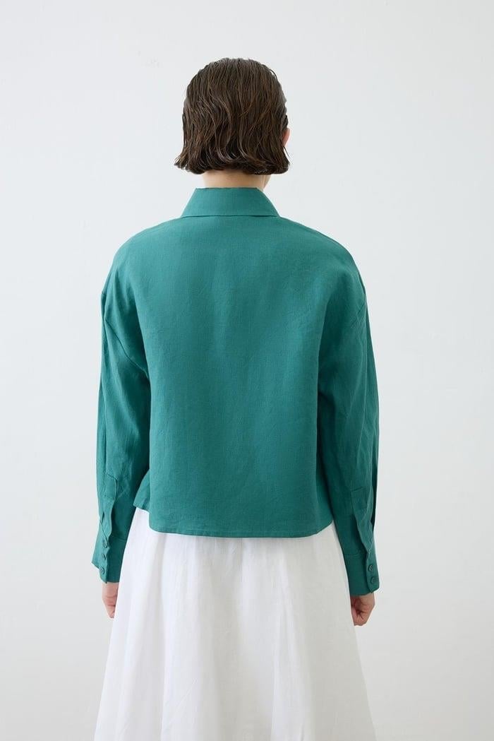 COLOR %100 KETEN KISA GÖMLEK KOYU YEŞİL