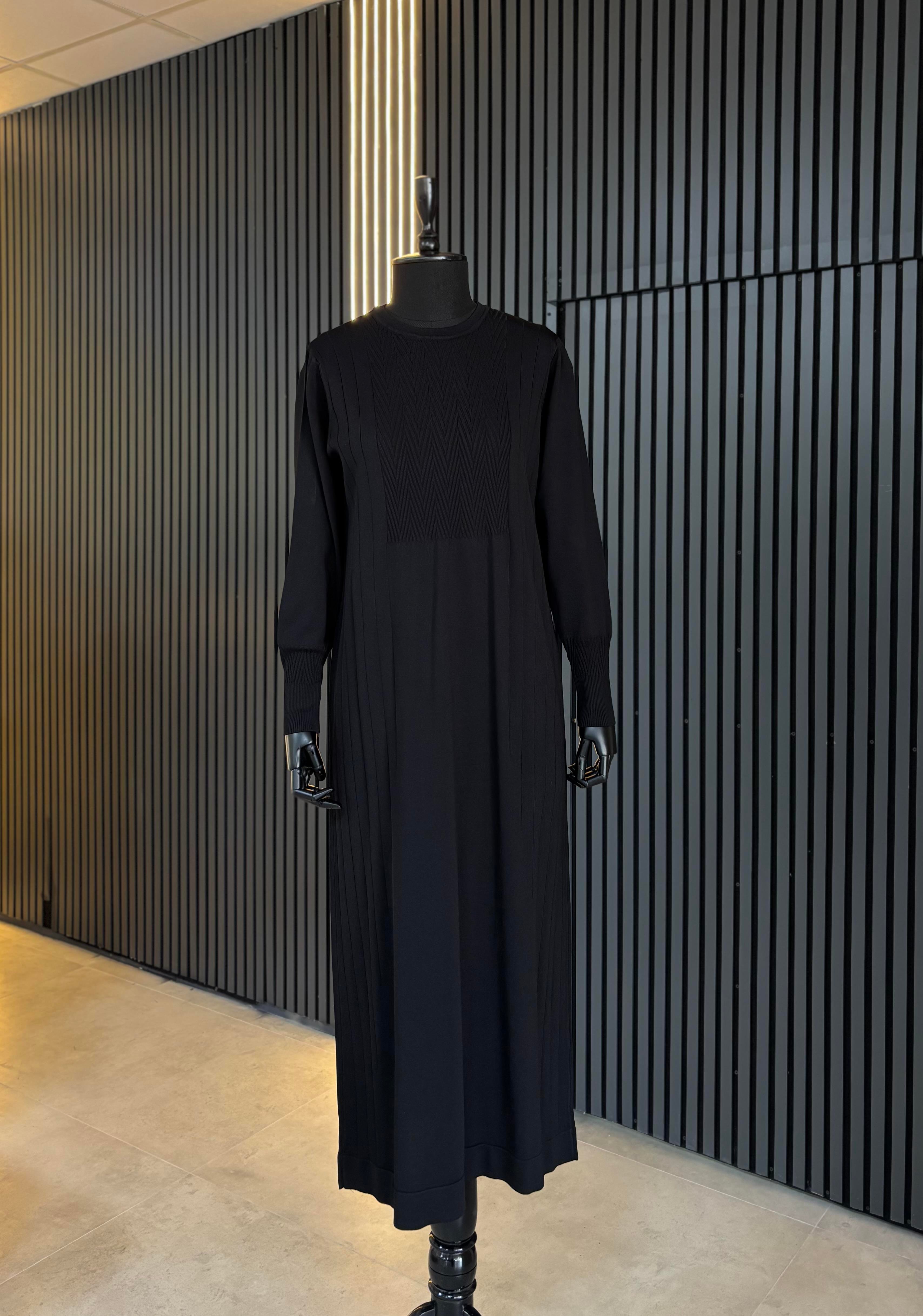 Desenli Merserize Elbise-Siyah