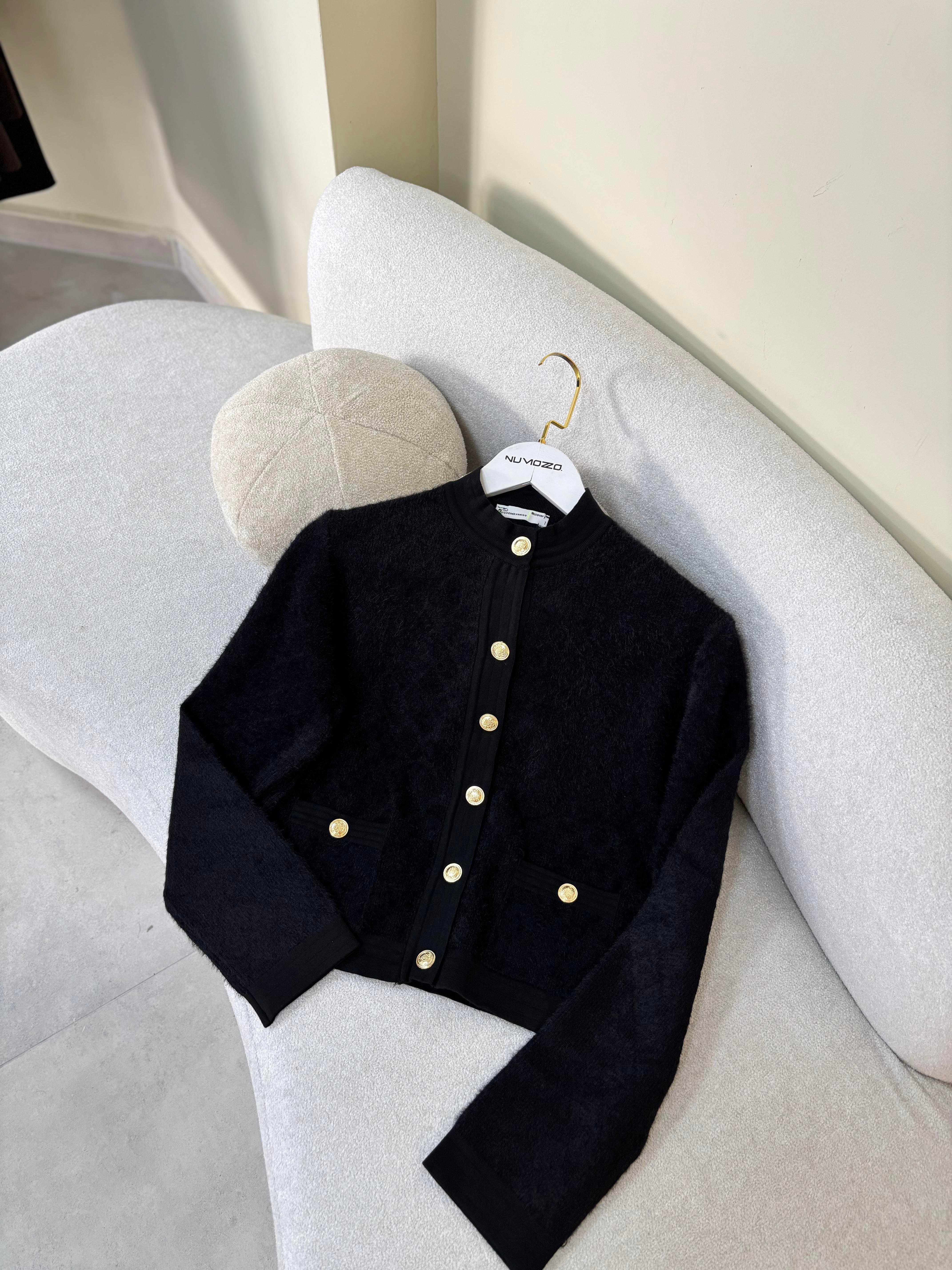 Düğme Detay Midi Triko Hırka-Siyah