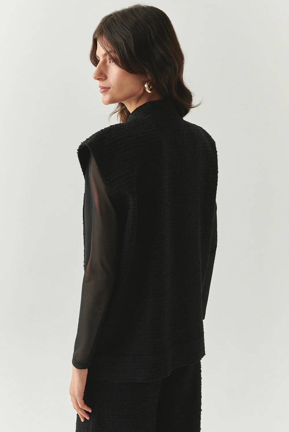 Düğme Detaylı Cepli Regular Dokuma Siyah Yelek