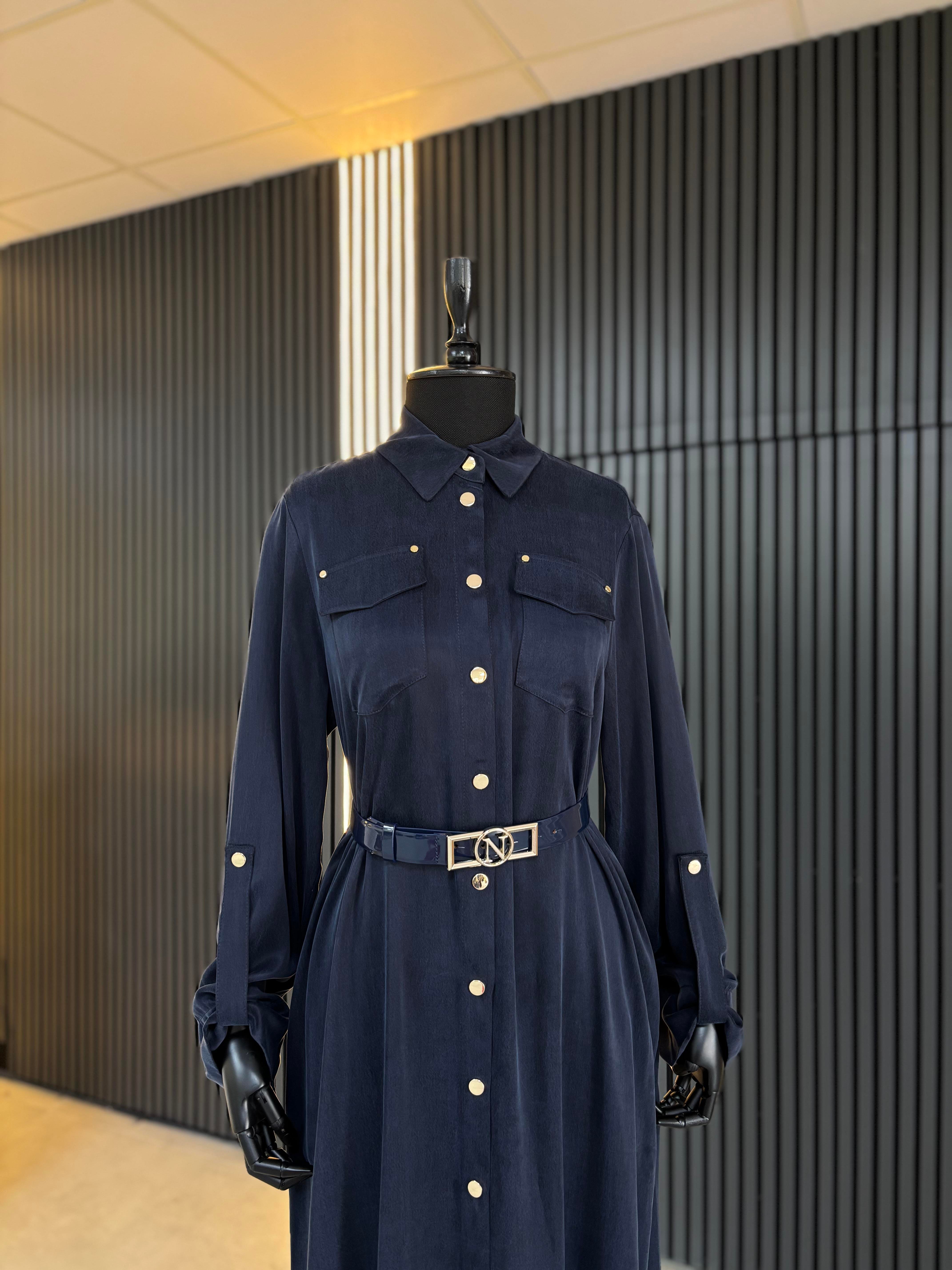 Gold Düğmeli İpek Qupra Elbise Lacivert 