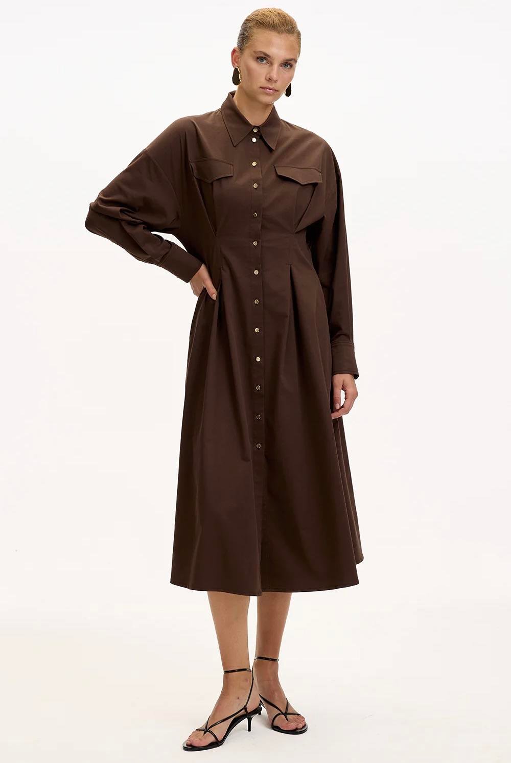 Gömlek Yaka Uzun Kollu Cepli Regular Düğmeli Kahve Midi Elbise