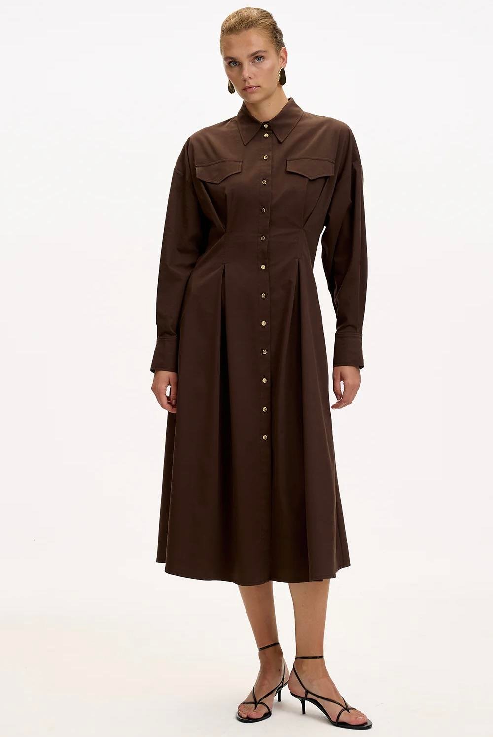 Gömlek Yaka Uzun Kollu Cepli Regular Düğmeli Kahve Midi Elbise